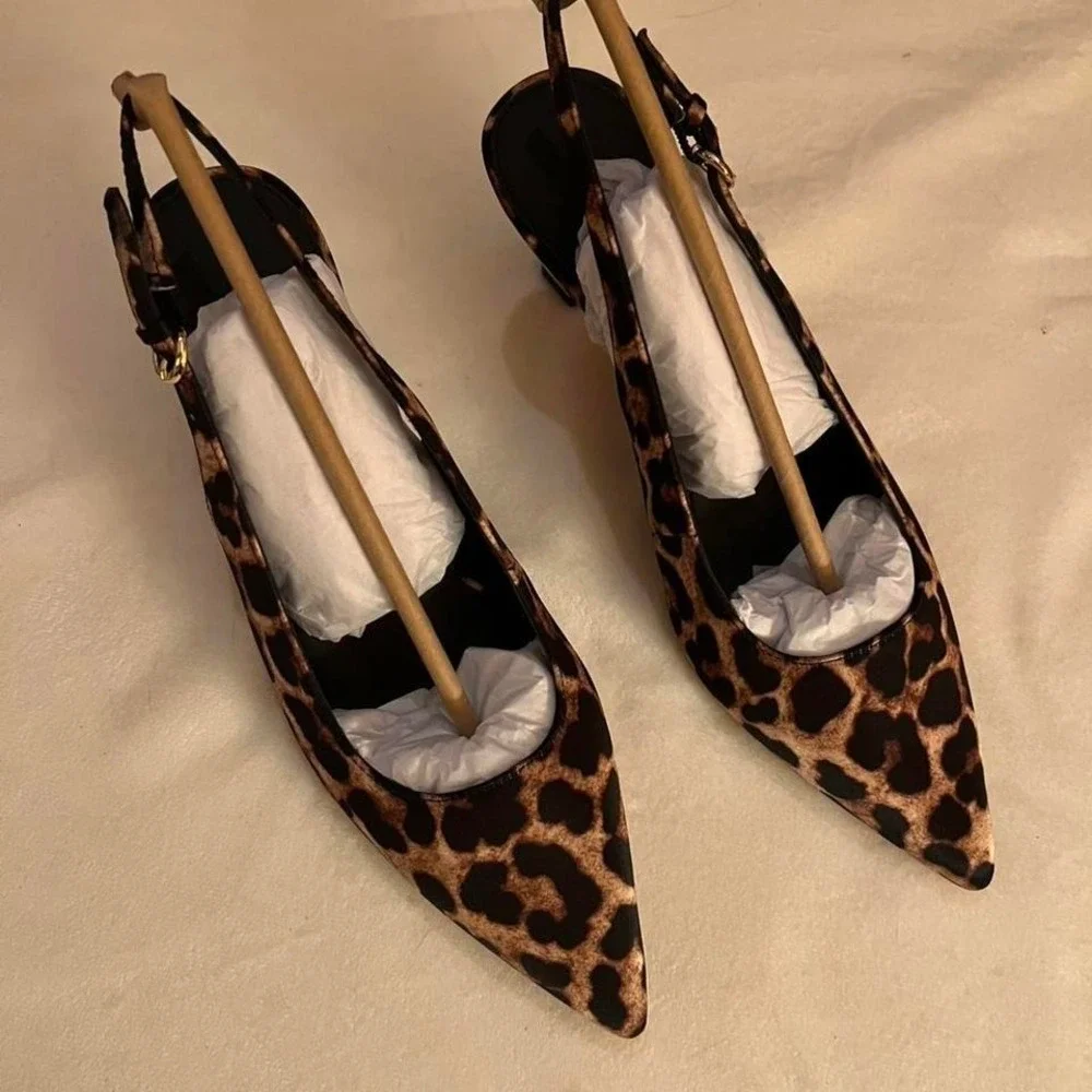 Leopard print size 7.5 satin gold kitten heel slingback pumps NEW Katy Perry NIB